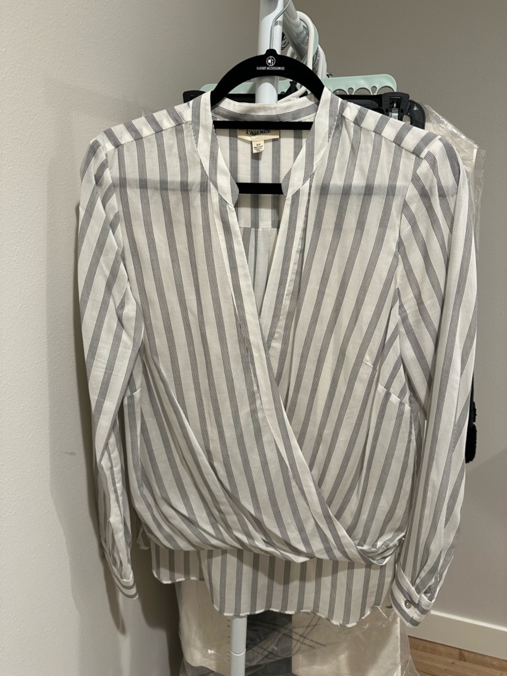 L'AGENCE White & Gray Stripe Wrap Blouse
